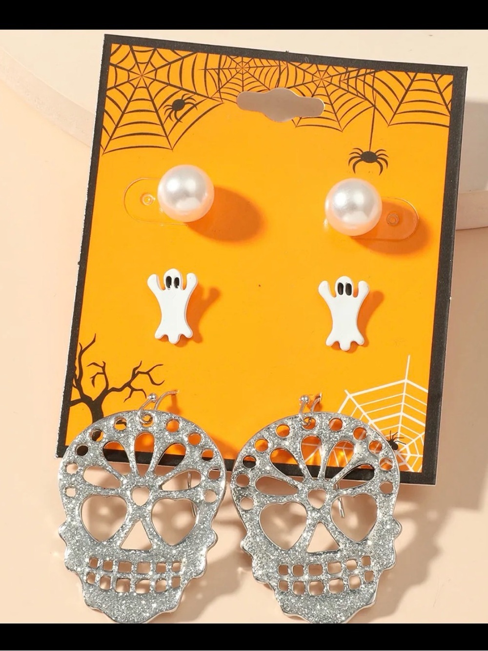 Halloween Skull, Ghost & Pearl Earring Set - Silver, White